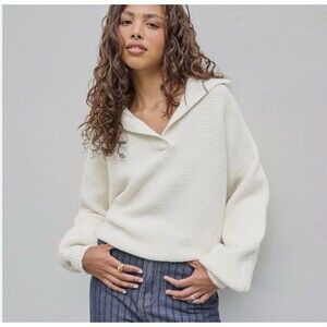 Women’s Cream Sweater Sz S Cozy Oversized Cropped Ribbed Knit V Neck Preppy NWT